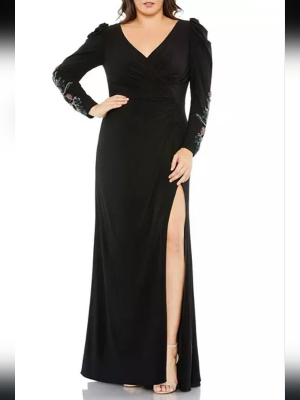 Mac Duggal Embellished Long Sleeve Faux Wrap Gown Size 18W